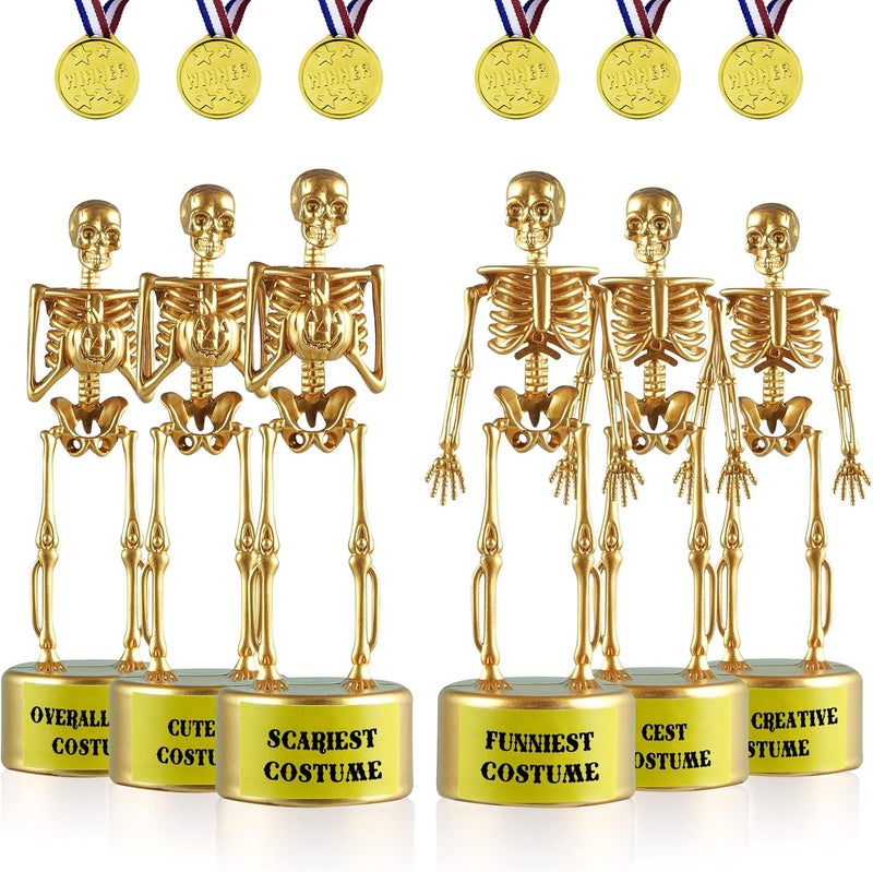 ASONA 12 Pcs Halloween Trophy Awards, 6 Skeleton Trophies 6 Award Medals 1 Marker Pen, Costume Contest Trophies for Kids Adults, Halloween Party Supplies, Table Decorations Classroom Rewards Treats for Kids - Image 1